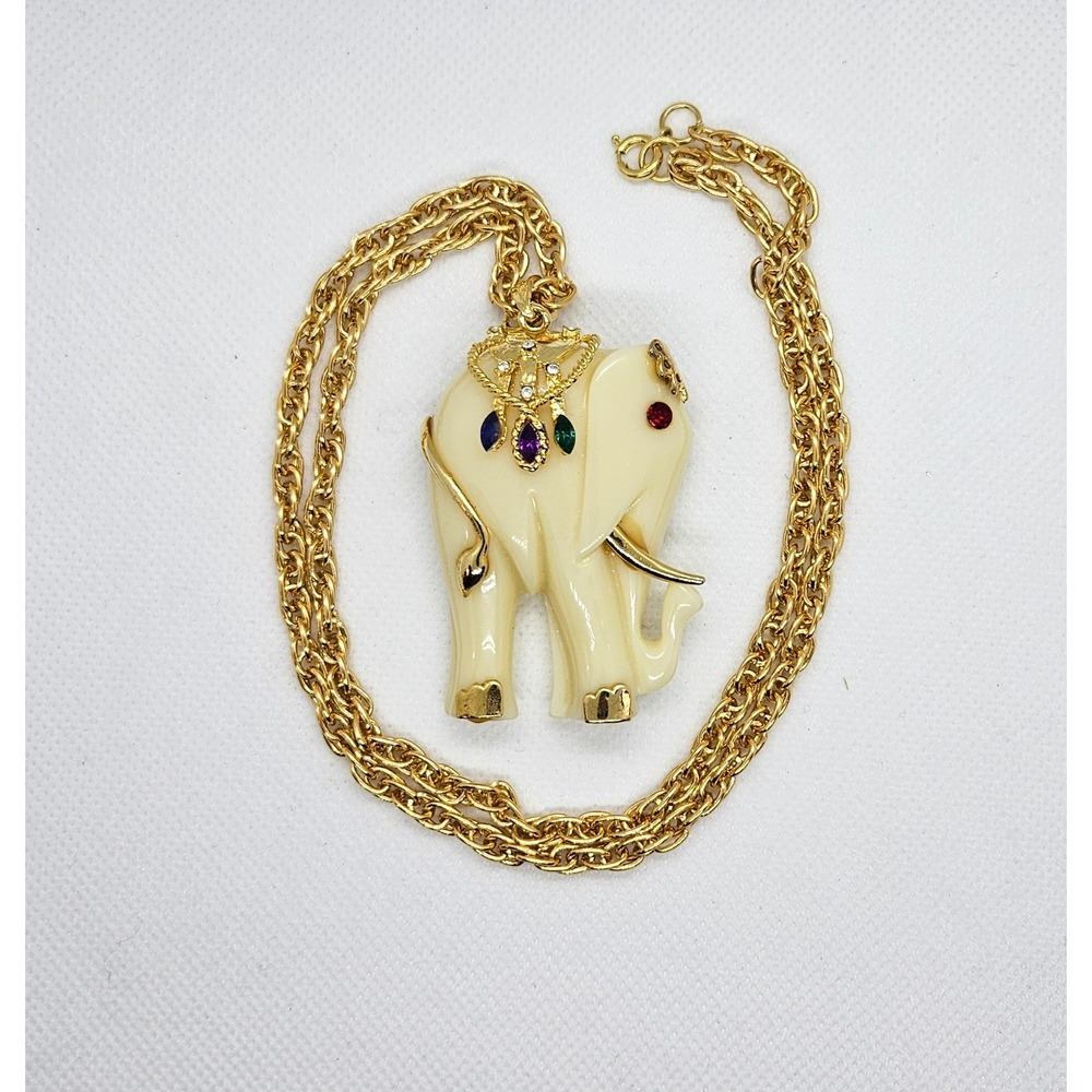 Vintage Acrylic Ivory Colored‎ Jeweled Elephant Pendant/Brooch Necklace